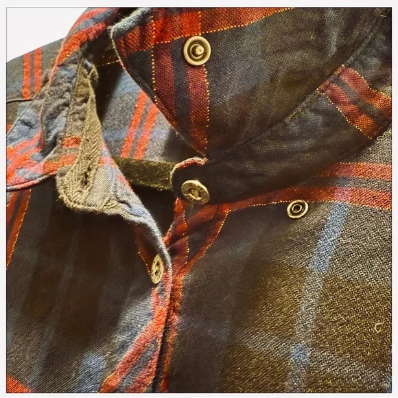 Harley-Davidson Lurex Plaid Flannel Shirt Blue/Red Roses Size Large EUC - Picture 8 of 15